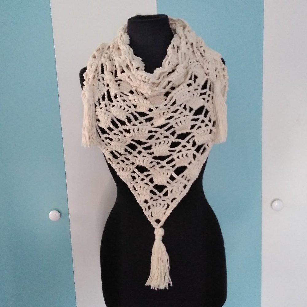 Handmade Crochet Crème Ivory Scarf w/Tassels - Picture 3 of 7